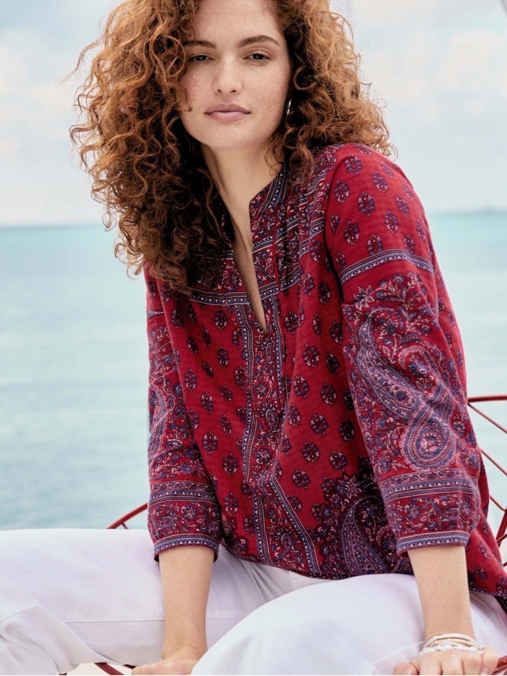 J Jill  Red Paisley Split Neck Tunic Top M